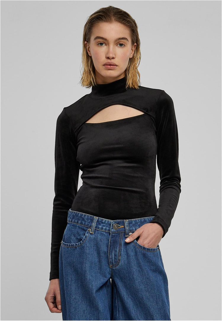 Ladies black Velvet Cut-Out Turtleneck Body
