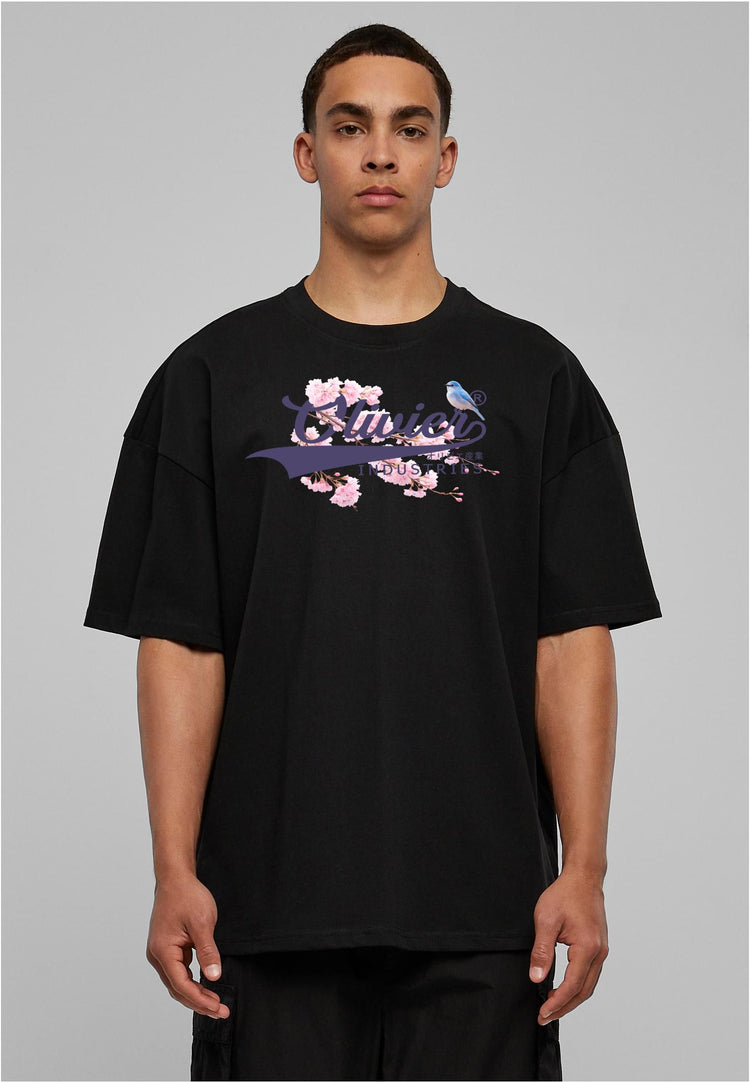 Olivier Industries TM - Handmade -Logo lilac Cherry Blossum unisex heavy oversize Tee blck