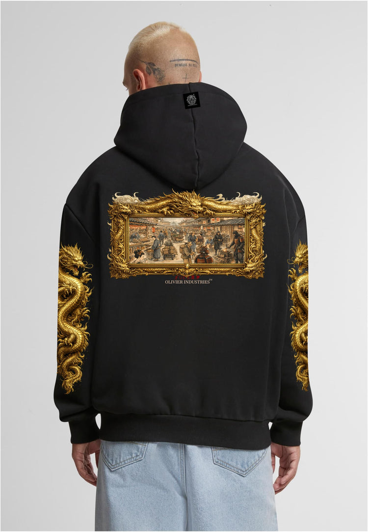 Olivier Industries TM Waterfall Samurai market dragon all side printed limited handmade heavy unisex Hoodie blck