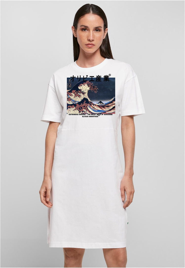 Olivier Industries ® - Organic Cotton Ladies Slit - Wave Kanagawa oversized Tee Dress - Olivier Industries ® Art & Apparel