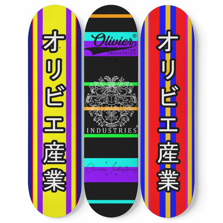 Olivier Industries ® registred Logos on handmade drawn background on 3 skate-decks - Olivier Industries