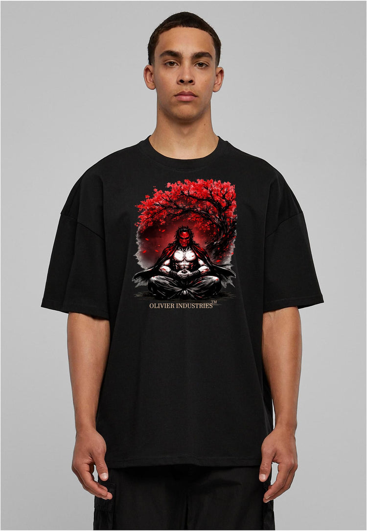 Olivier Industries TM - Handmade -Samurai Meditation Cherry Blossum unisex heavy oversize Tee blck