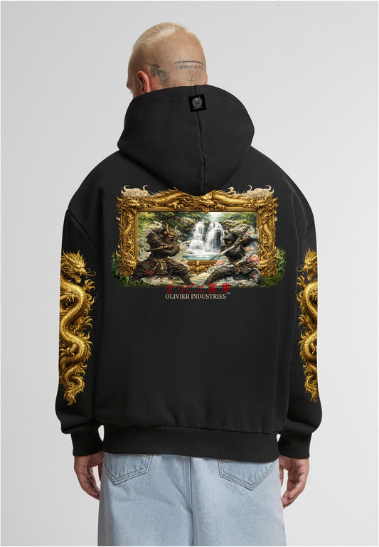 Olivier Industries TM Waterfall Samurai vs shinobi dragon all side printed limited handmade heavy unisex Hoodie blck
