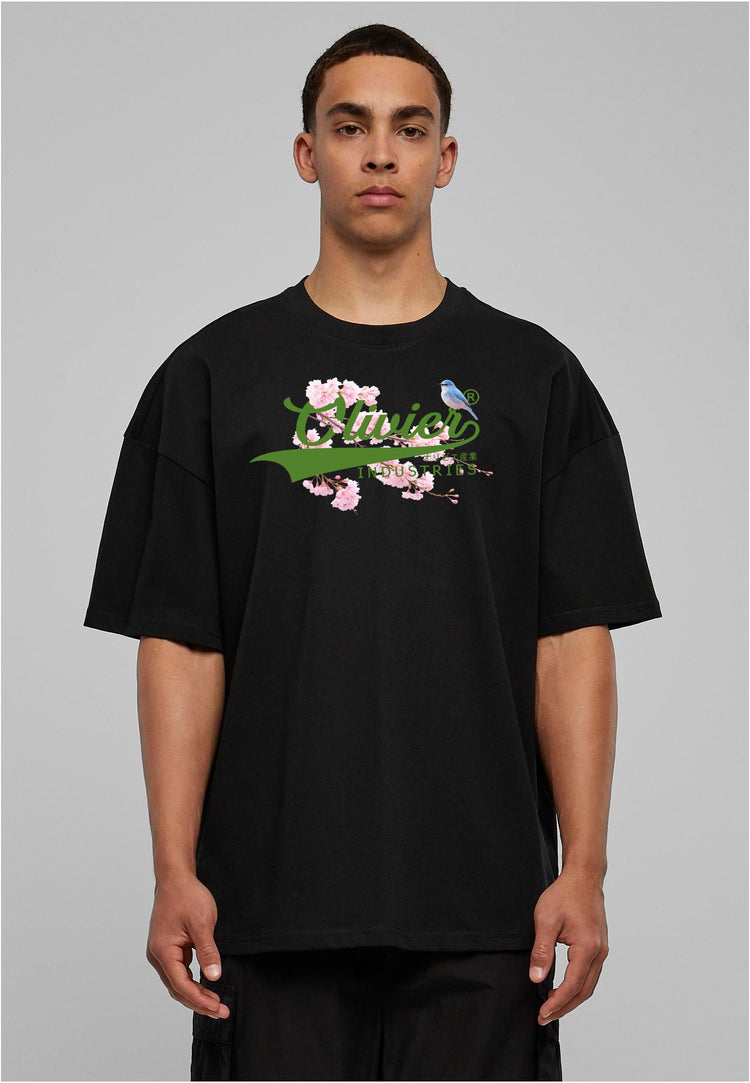 Olivier Industries TM - Handmade -Logo green Cherry Blossum unisex heavy oversize Tee blck