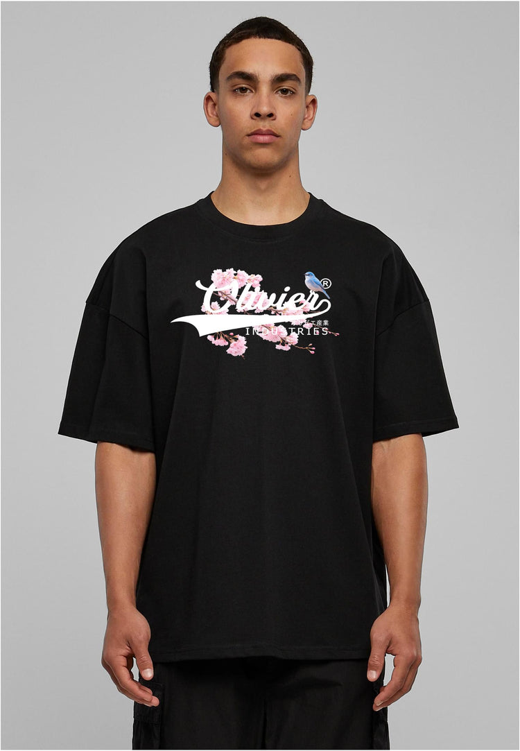 Olivier Industries TM - Handmade -Logo white Cherry Blossum unisex heavy oversize Tee blck