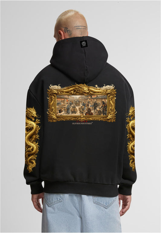 Olivier Industries TM Waterfall Samurai market dragon all side printed limited handmade heavy unisex Hoodie blck