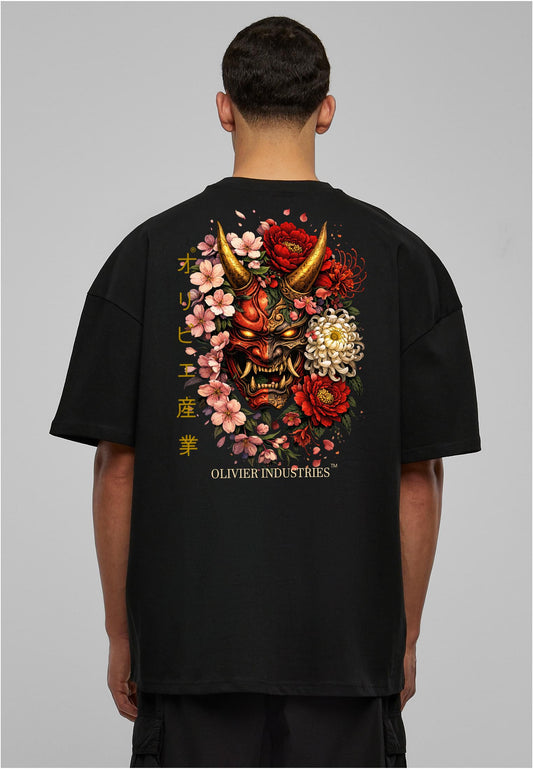 Olivier Industries TM - Handmade - 2 side Print Flower Samurai Mask unisex heavy oversize Tee blck