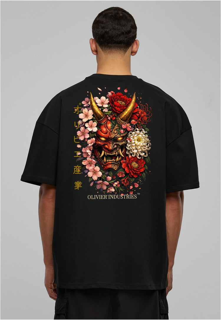 Olivier Industries TM - Handmade - 2 side Print Flower Samurai Mask unisex heavy oversize Tee blck